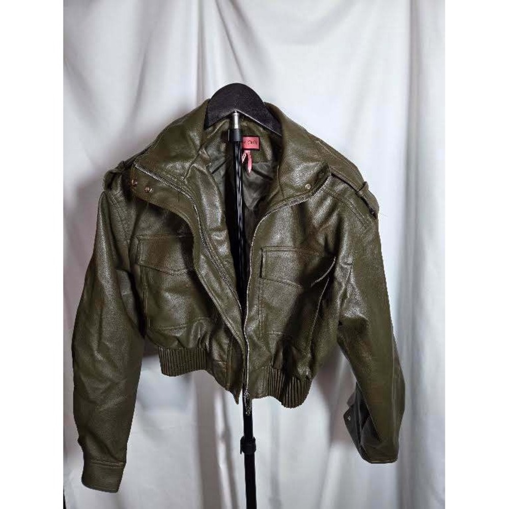 Red Chilli Olive Green Faux Leather Cropped Bomber Jacket Womens Size M Utility